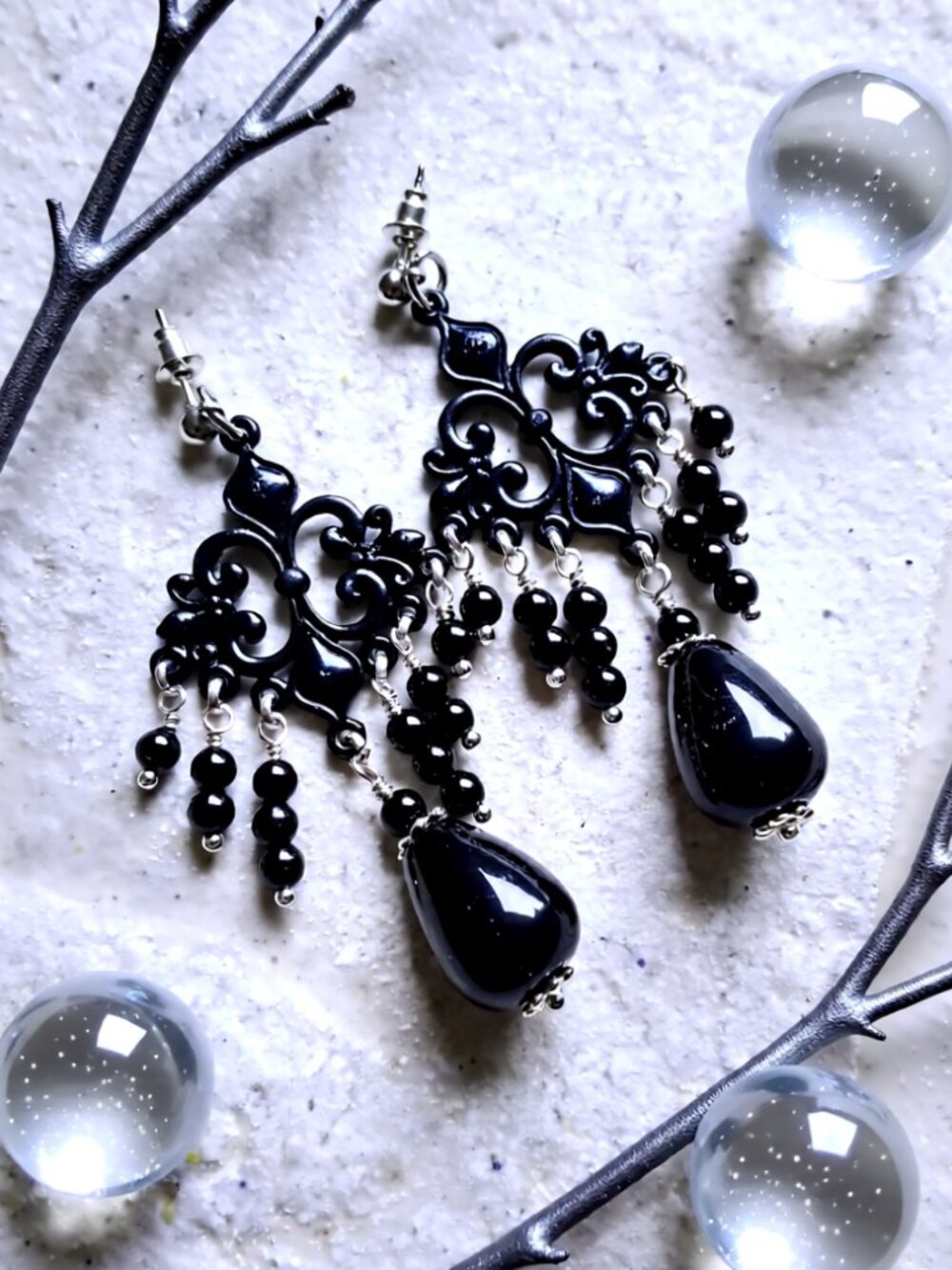 Devastatingly Sexy! Ornate & Opulent Black Onyx Chandelier Earrings - Edgy Goth! - Picture 5 of 10